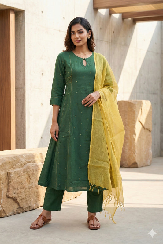 Pure Handloom Cotton Green Kurti With Constrast Mustard Dupatta -HSC1346