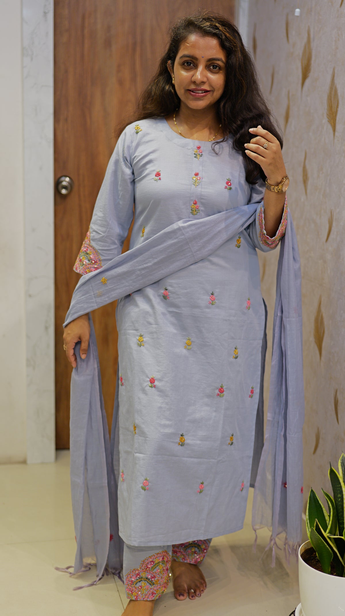 Blue Hand Embroidery Pure Cotton Kurti With Pant and Dupatta -HSC1292