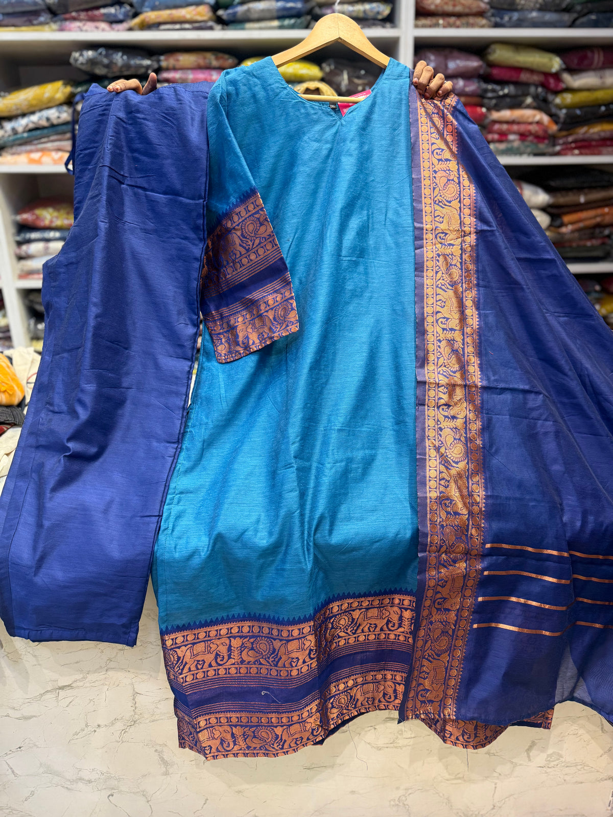 Elephant Blue Silk Cotton Kurti With Pant and Dupatta -HSC1207