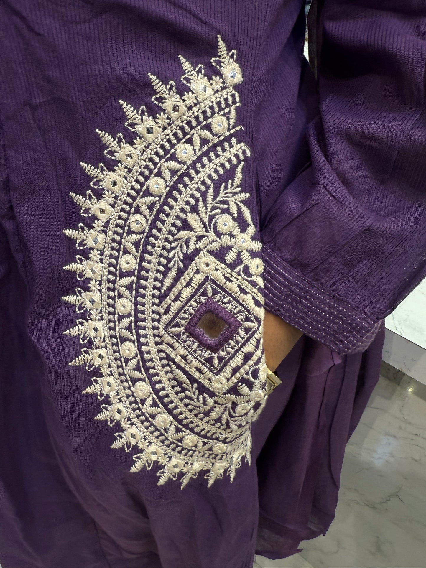 Two sides Pockets Embroidery Cotton Kurti With Pant and Dupatta-HSC29