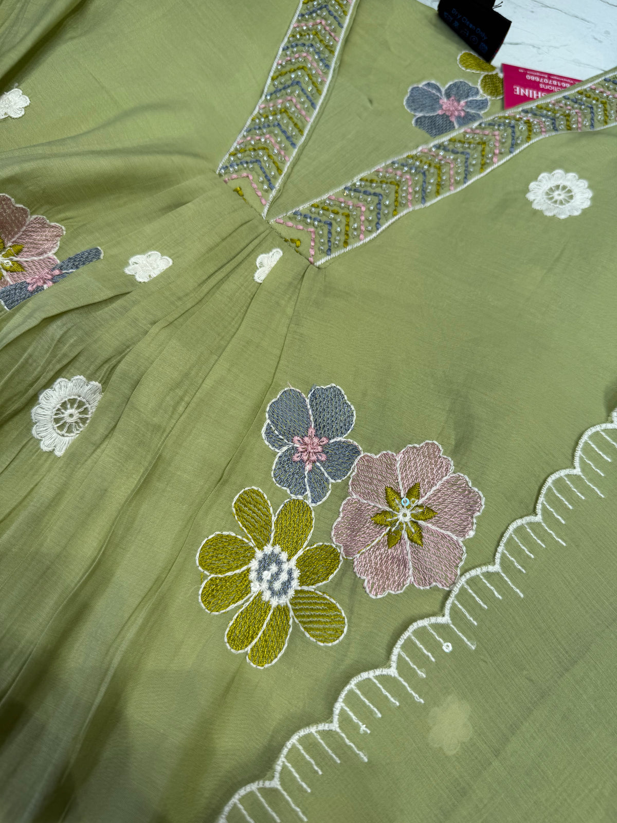 Green Hand Embroidery Kurti With Pant and Scallop Cutwork Dupatta - HSC1189