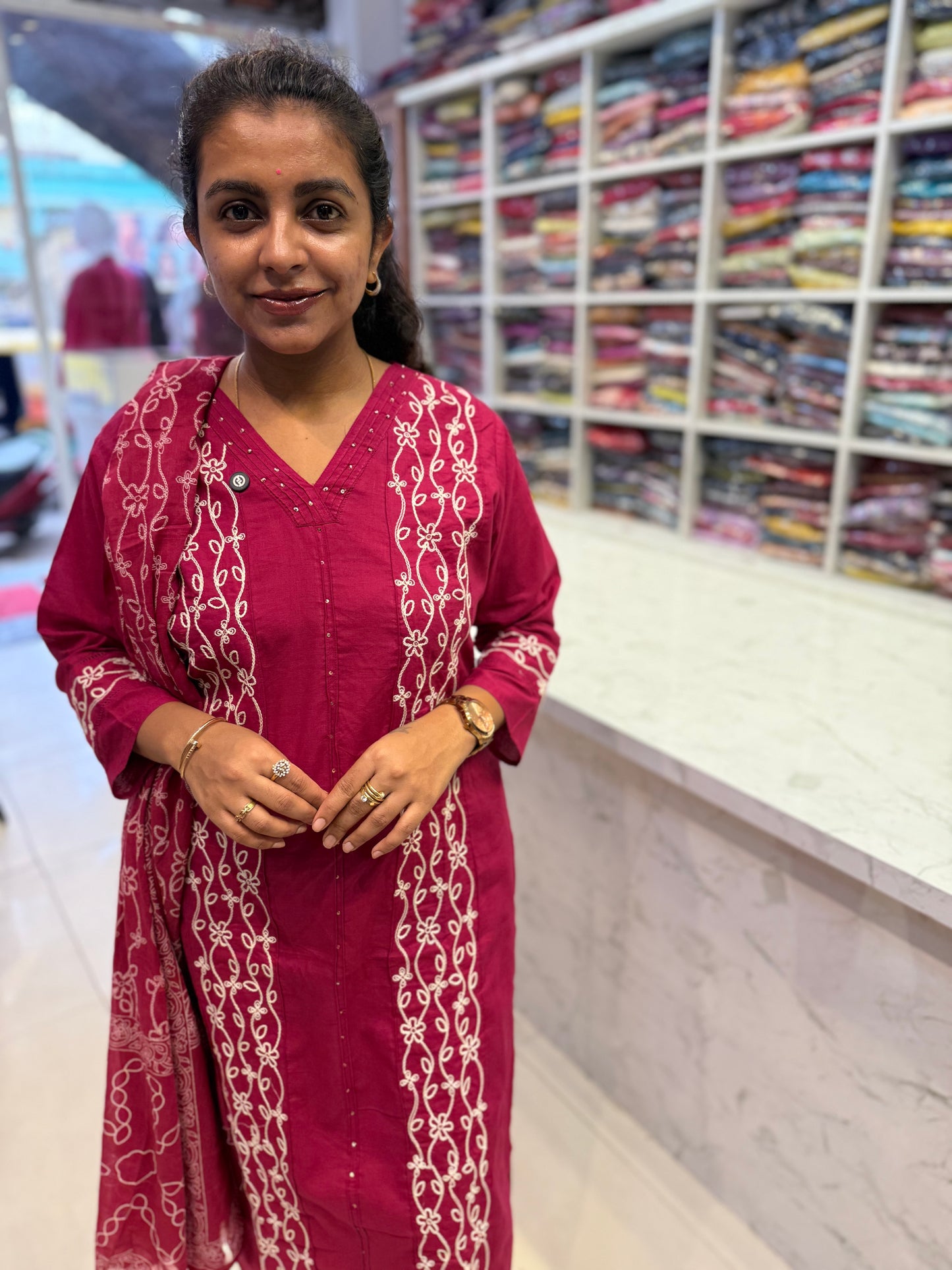 Rani Pink Embroidery Pure Cotton Kurti With Pant and Dupatta-HSC10