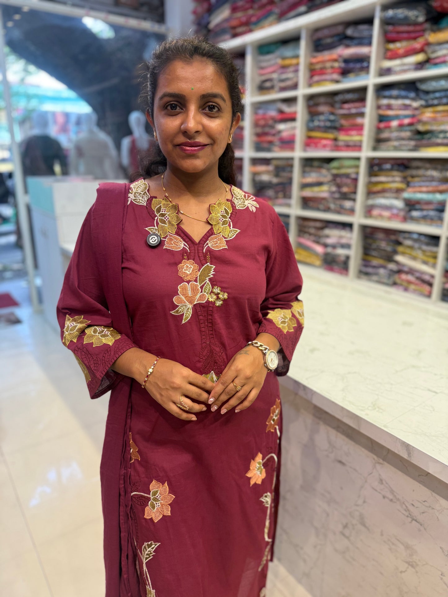 Magenta Floral Cutwork Cotton Kurti With Pant and Dupatta-HSC136