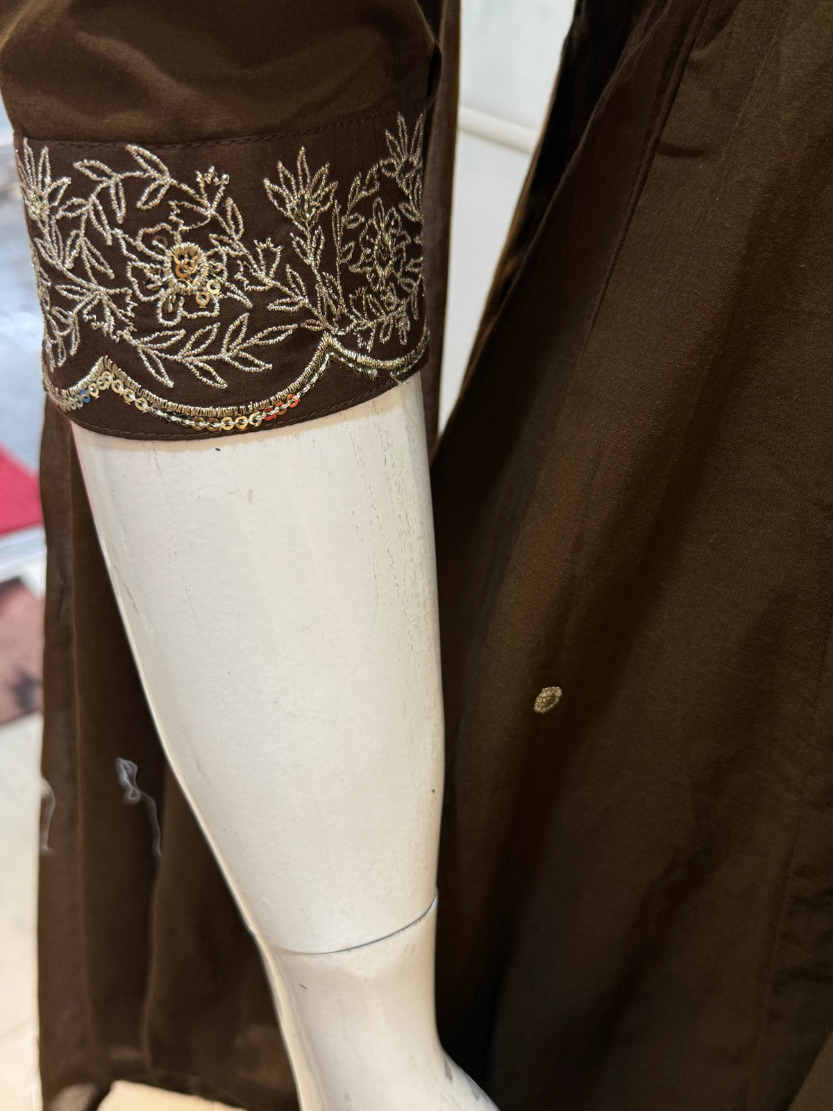 Brown Pure Cotton Embroidered Angarkha  Kurti With Pant and Dupatta - HSC1200