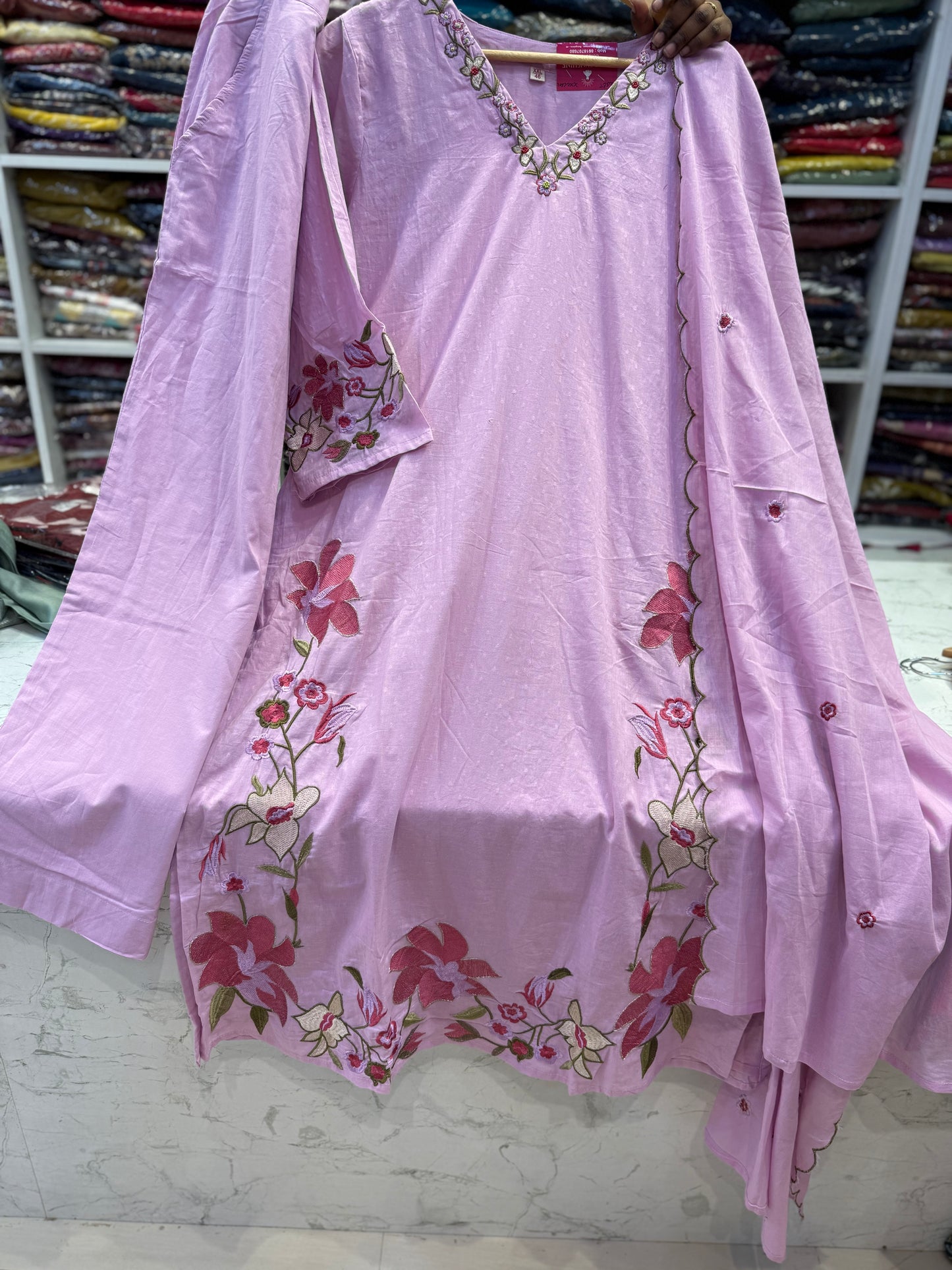 Lavender Cotton Silly Embroidery Kurti With Pant and Dupatta