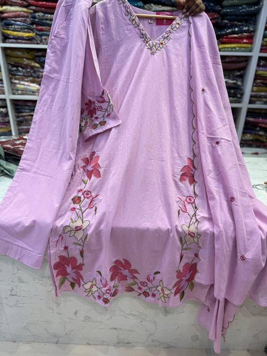 Lavender Cotton Silly Embroidery Kurti With Pant and Dupatta
