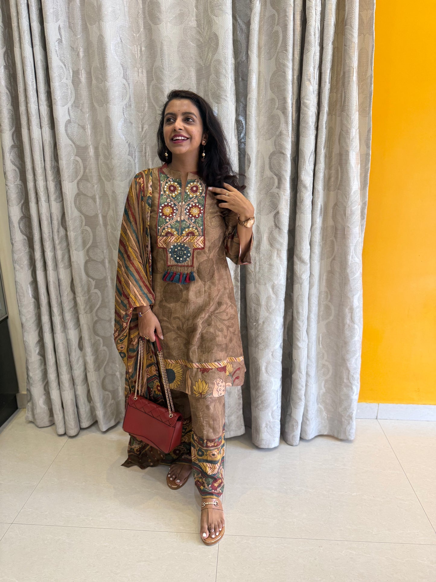 Pure Muslin Floral Printed Kurti With Pant and Dupatta