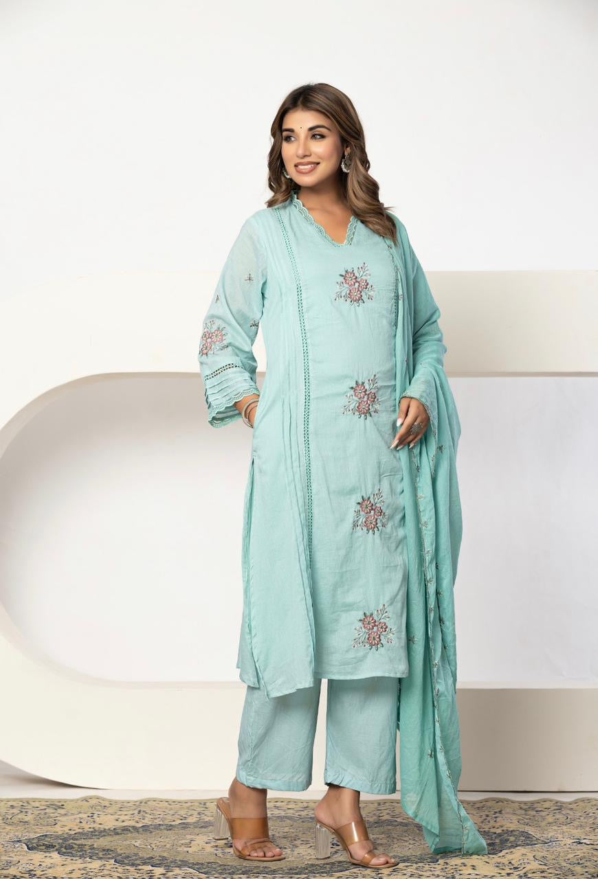 Sky Blue Lace Embroidery Pure Cotton Kurti With Pant and Dupatta -HSC1299