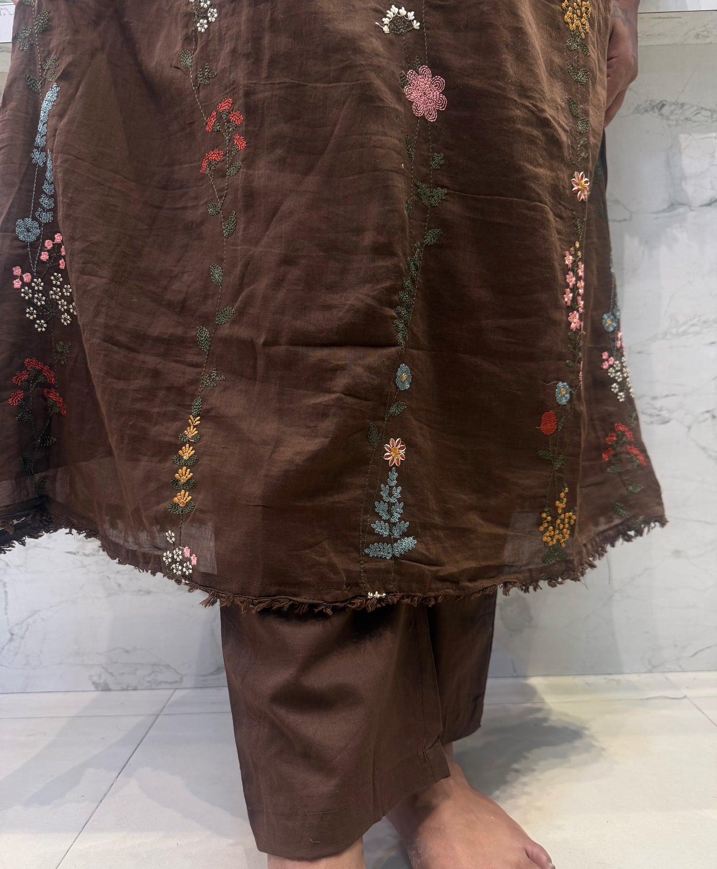Brown Pure Mul Cotton Embroidered Kurti With Pant and Dupatta-HSC87