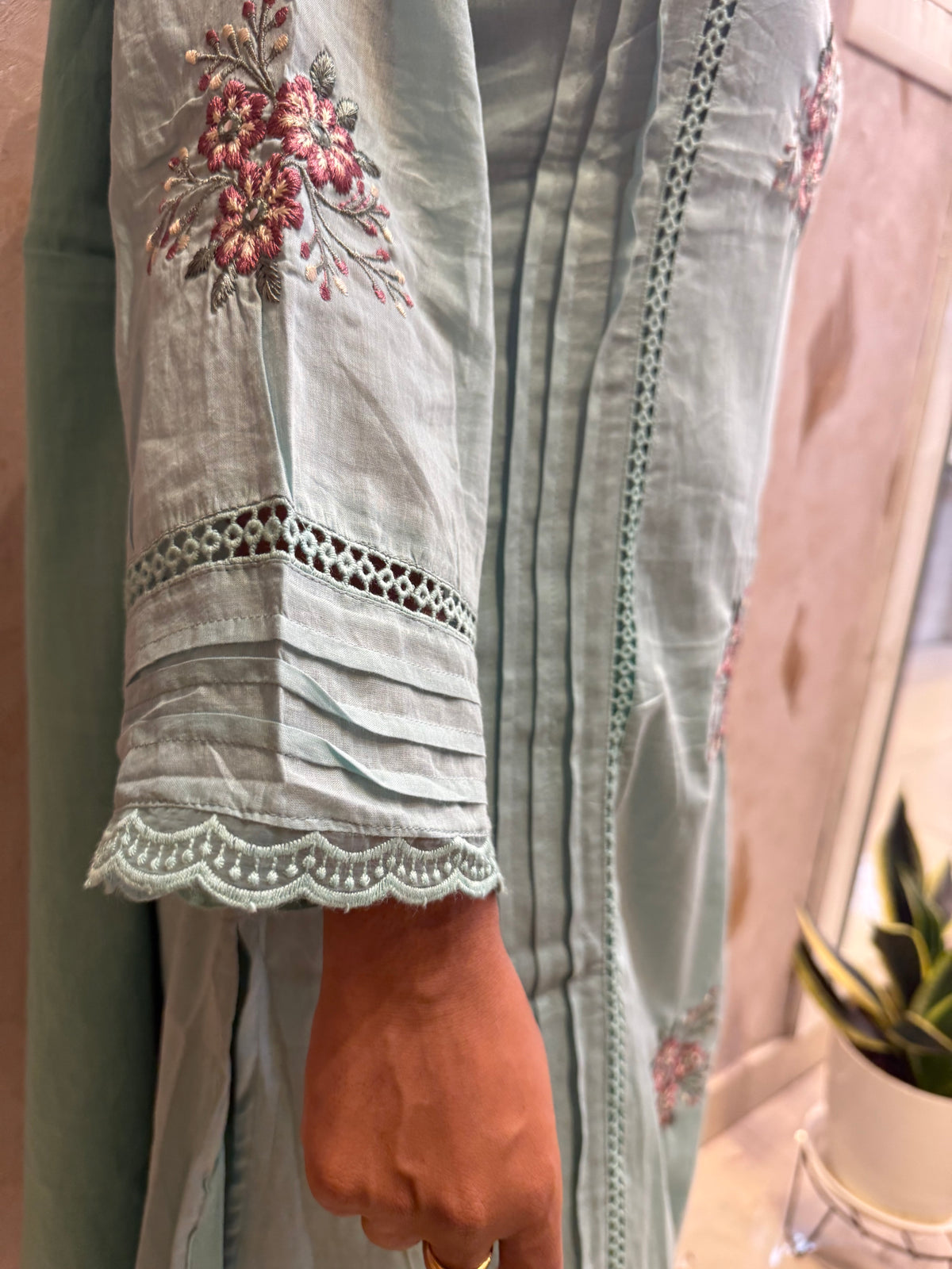 Sky Blue Lace Embroidery Pure Cotton Kurti With Pant and Dupatta -HSC1299