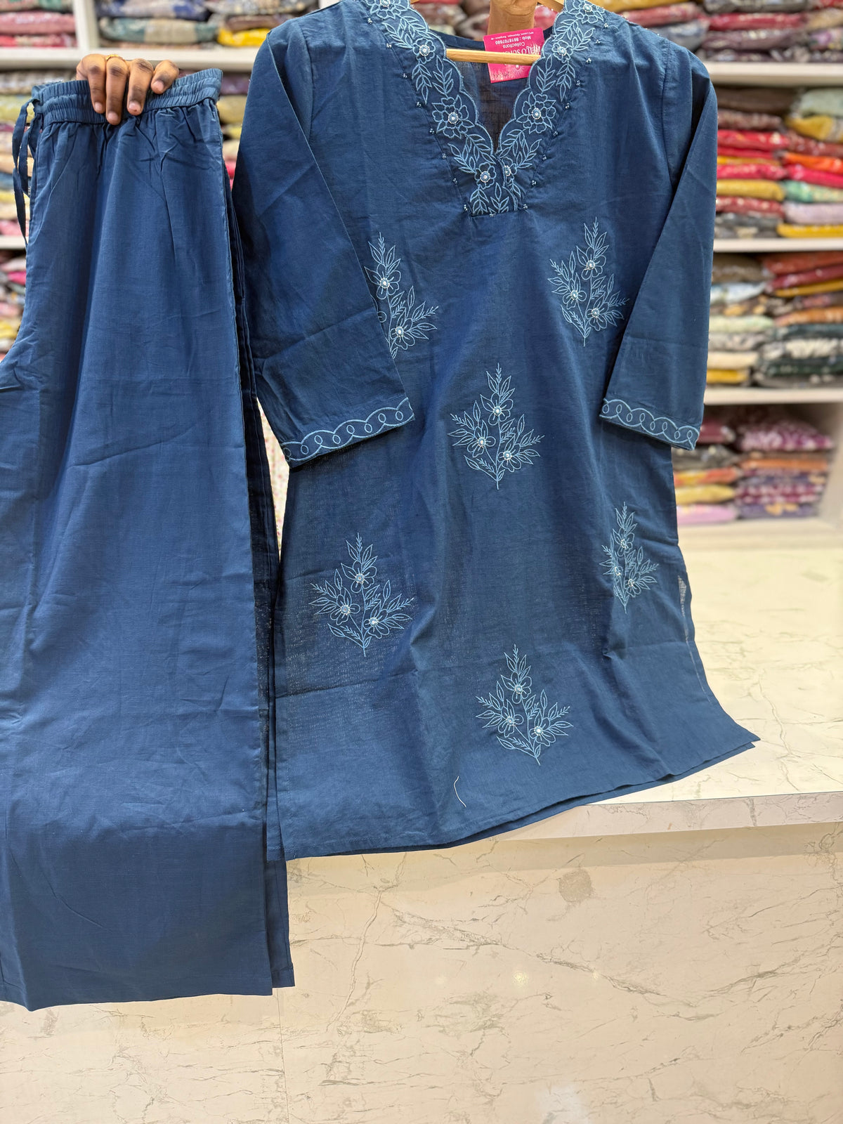 Blue Embroidery Pure Cotton Kurti With Pant -HSC1246