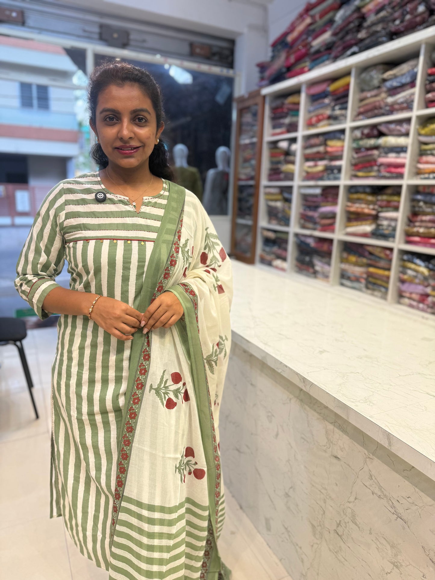 Sage Green Stripes Kurti With Marron Pant and Block Printed Dupatta