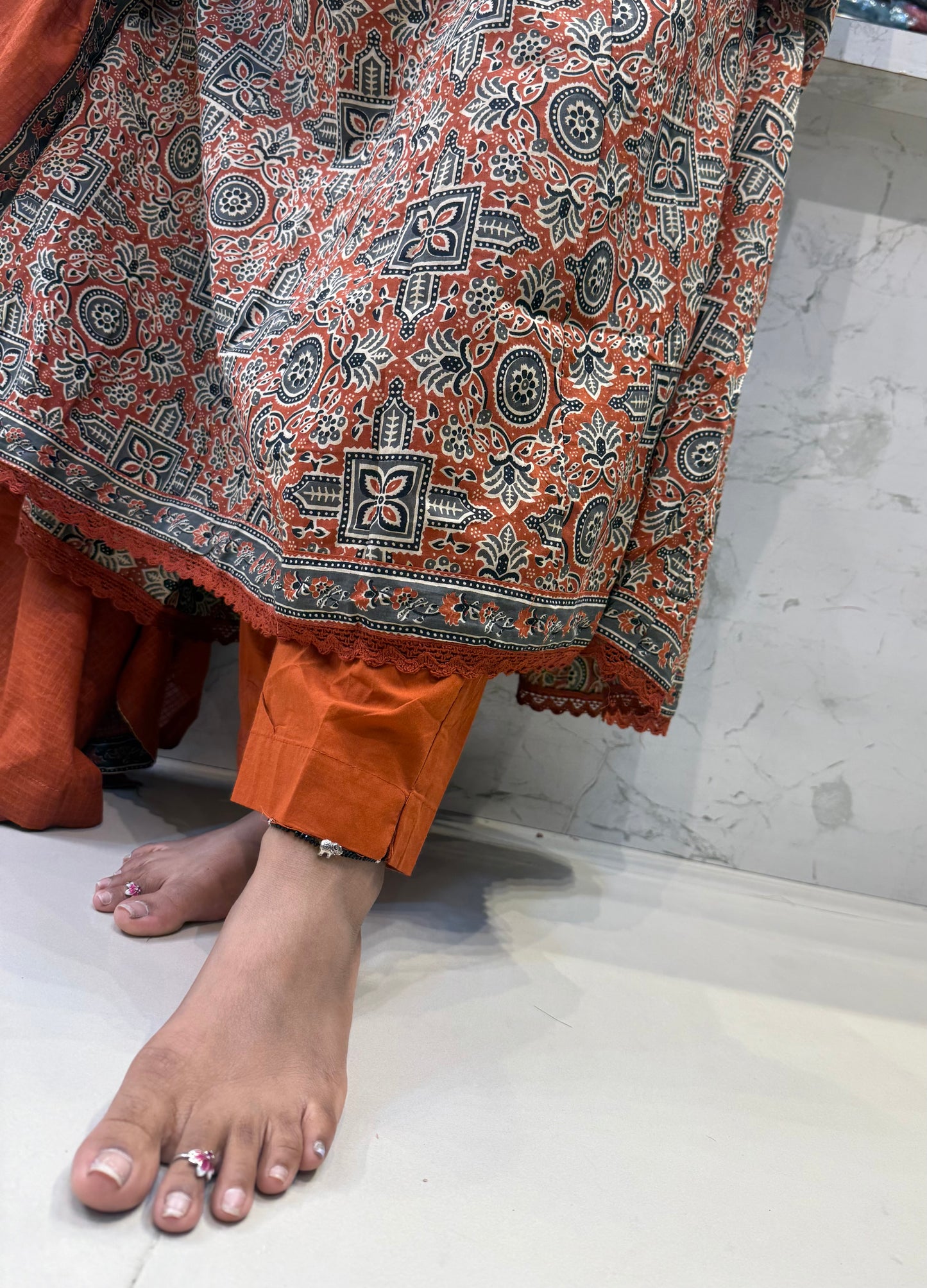 Block Printed Pure Cotton Rust Anarkali Kurti With Pant and Dupatta