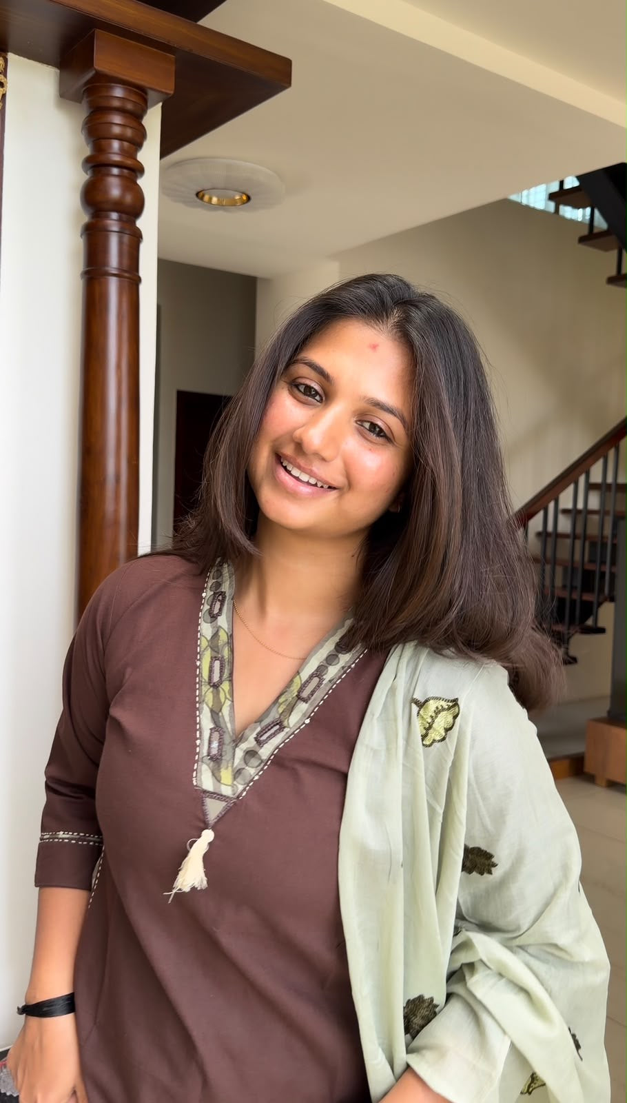 Brown Pure Cotton Kurti With Stripes Pant and Applique Dupatta -HSC1264