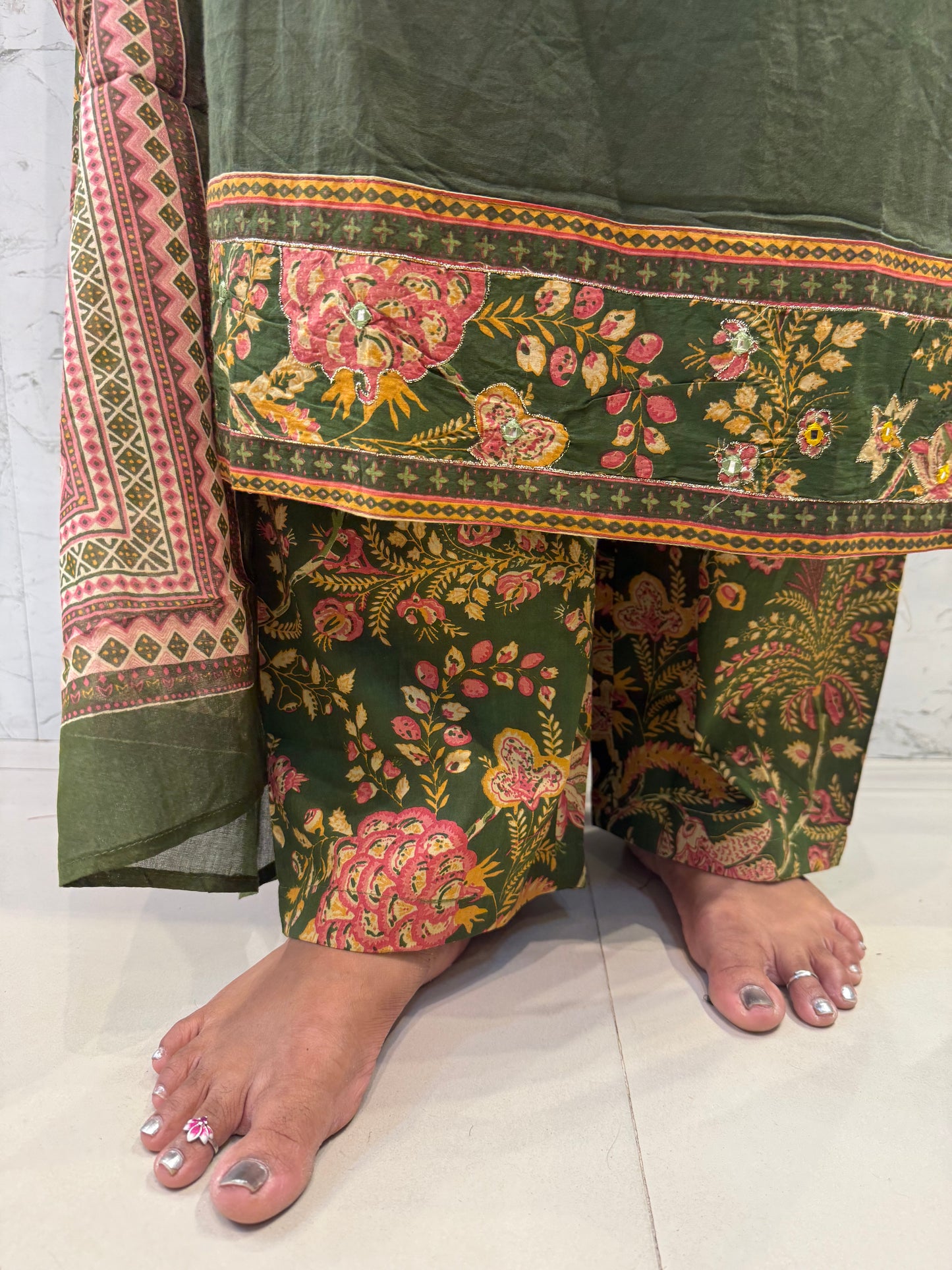 Green Pure Cotton Printed Pant With Kurti with Dupatta-HSC127