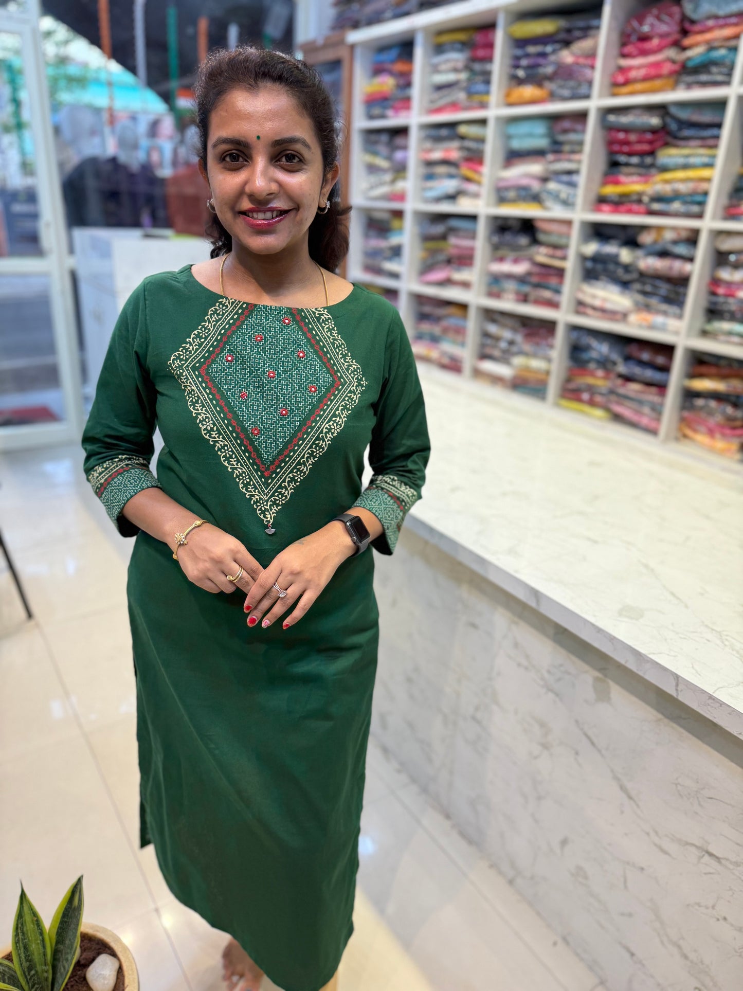 Green Block Printed Cotton Kurti