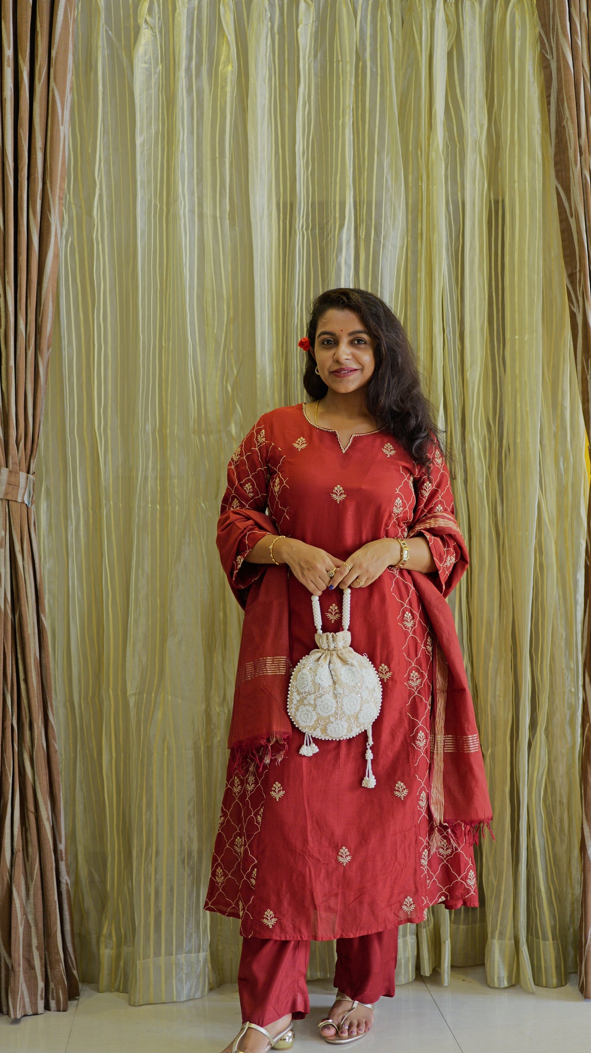 Red Pure Silk Kurti With Pant and Dupatta -HSC1255