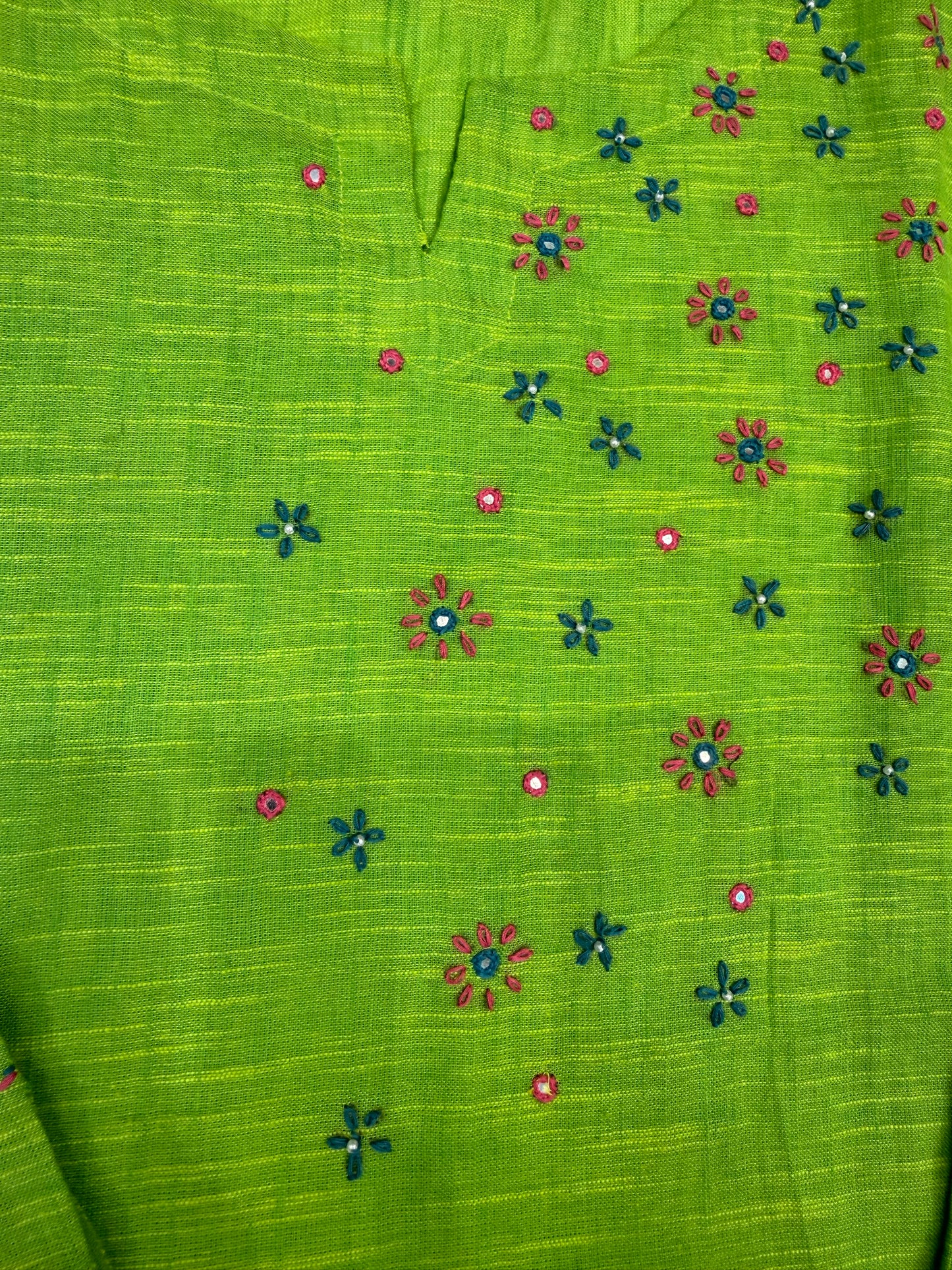 Parrot Green Hand Embroidery Pure Cotton Straight Cut Kurti
