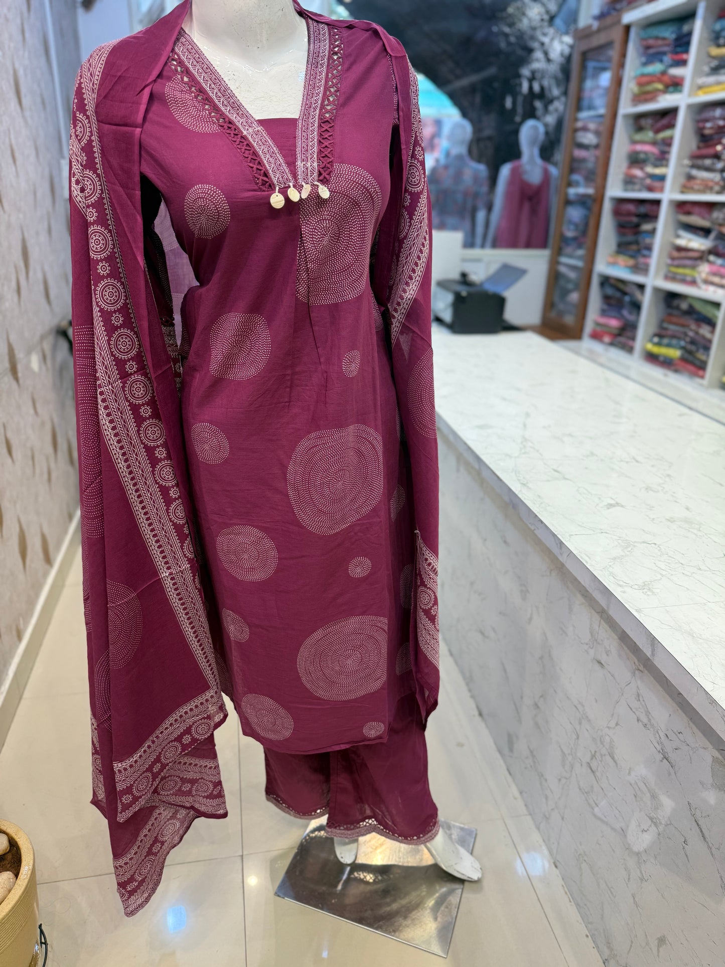 Lace Detail Cotton Kurti With Pant and Dupatta