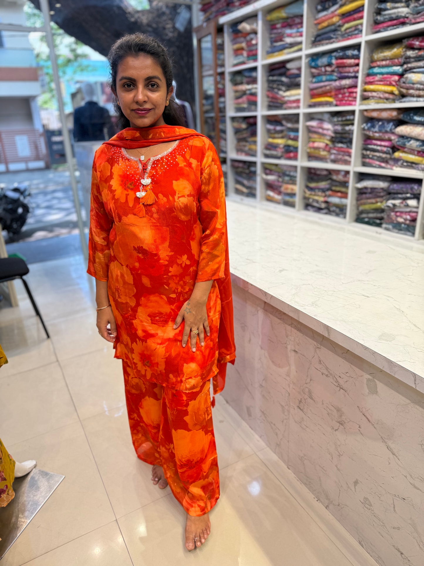 Orange Floral Pure Chinnon Kurti With Pant-HSC88