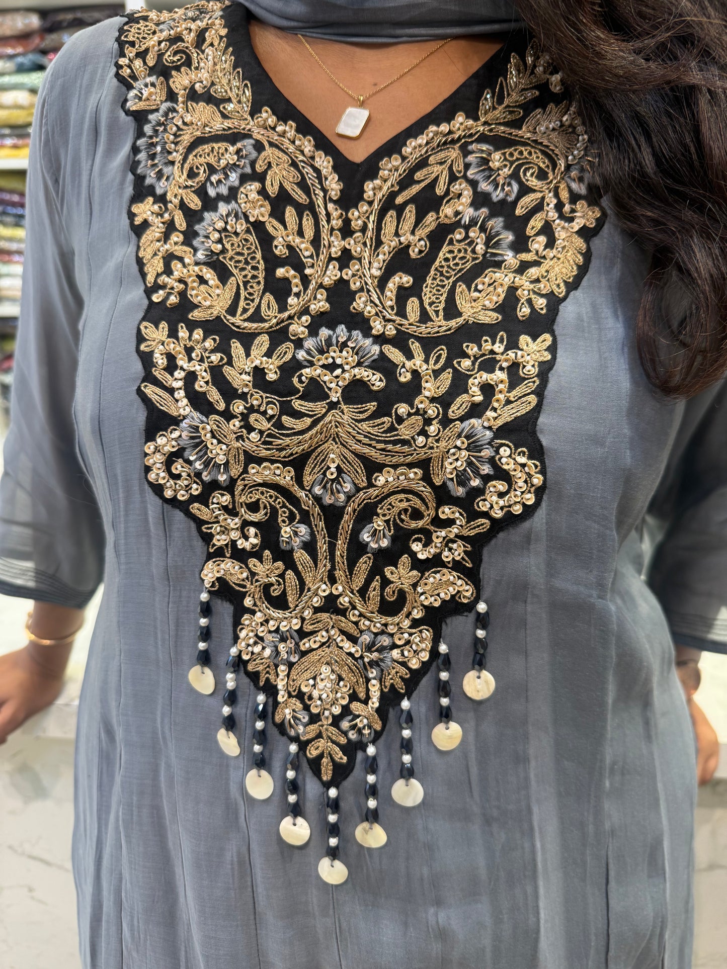 Grey Mul Chanderi Handwork A-line Kurti With Pant and Dupatta-HSC83