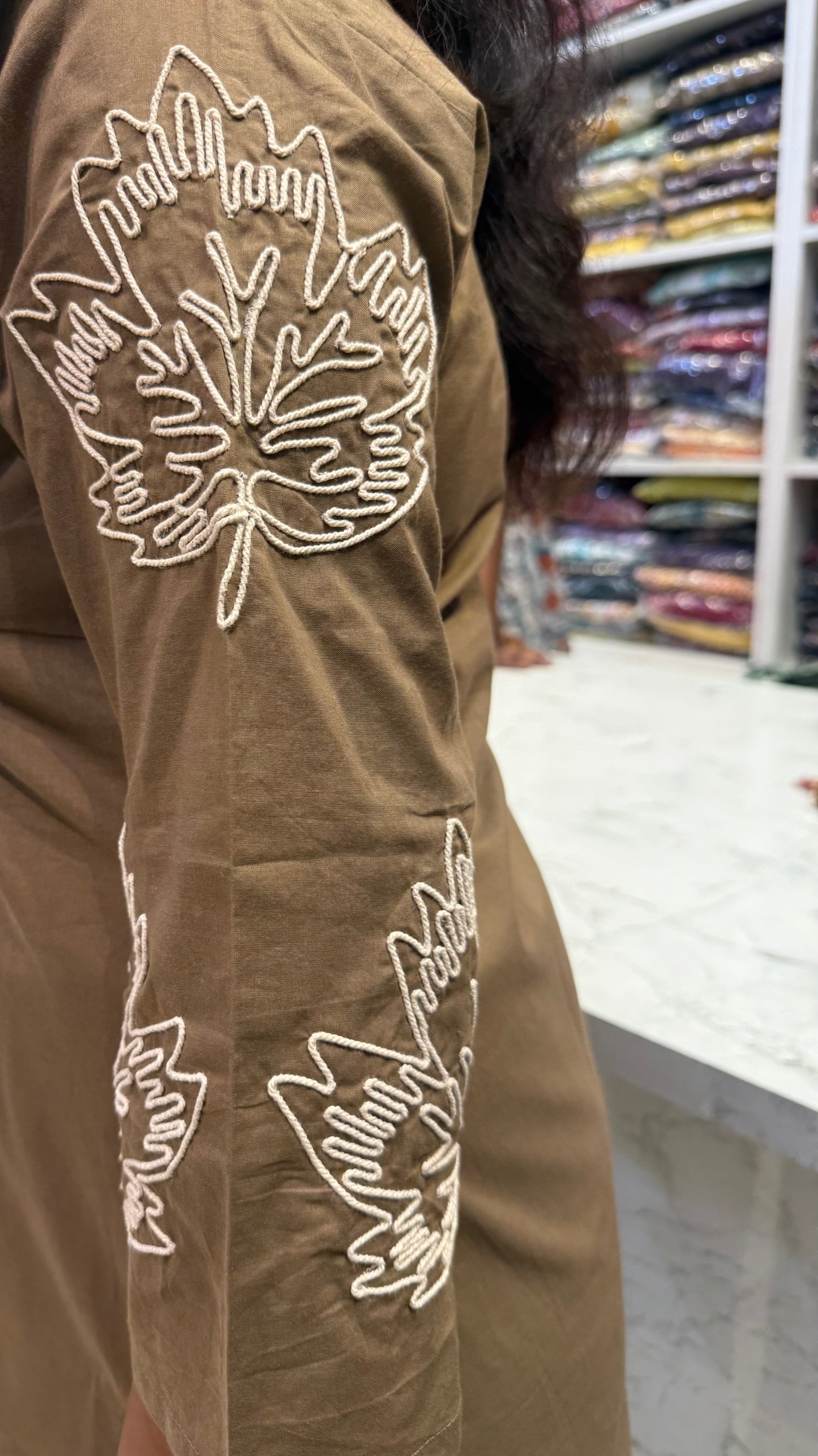 Tan Cotton Dori Embroidery Tunics Top