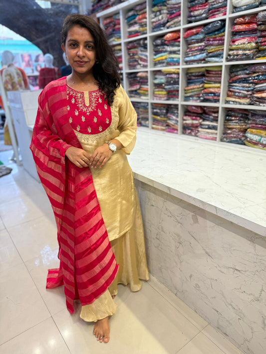 Shimmer Tissue Kurti With Pink Patch Work Hand Embroidery on Kurti with pant and Dupatta