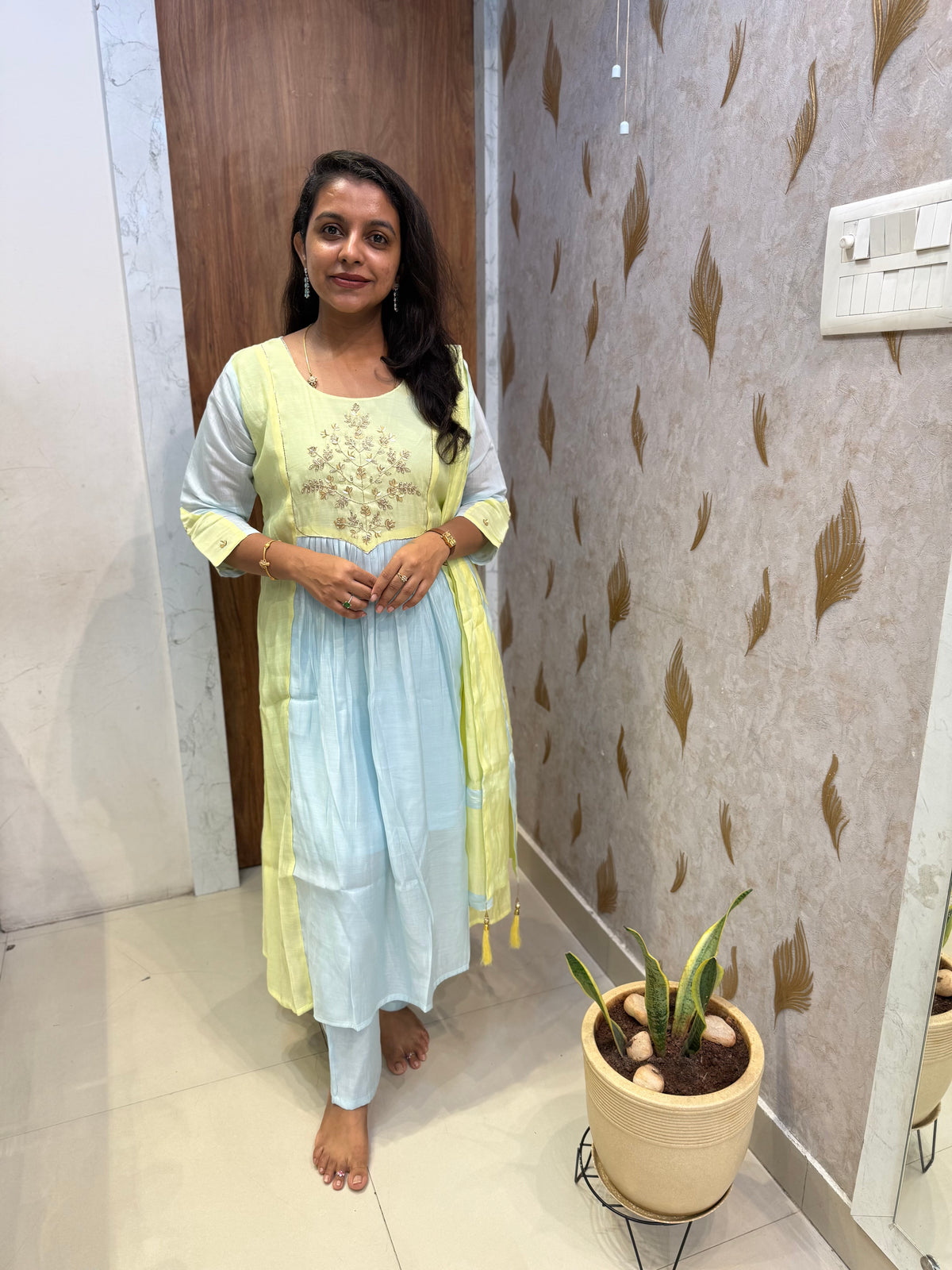 Dual Mint Green With Powder Blue Hand Embroidery Kurti With Pant and Dupatta - HSC1202