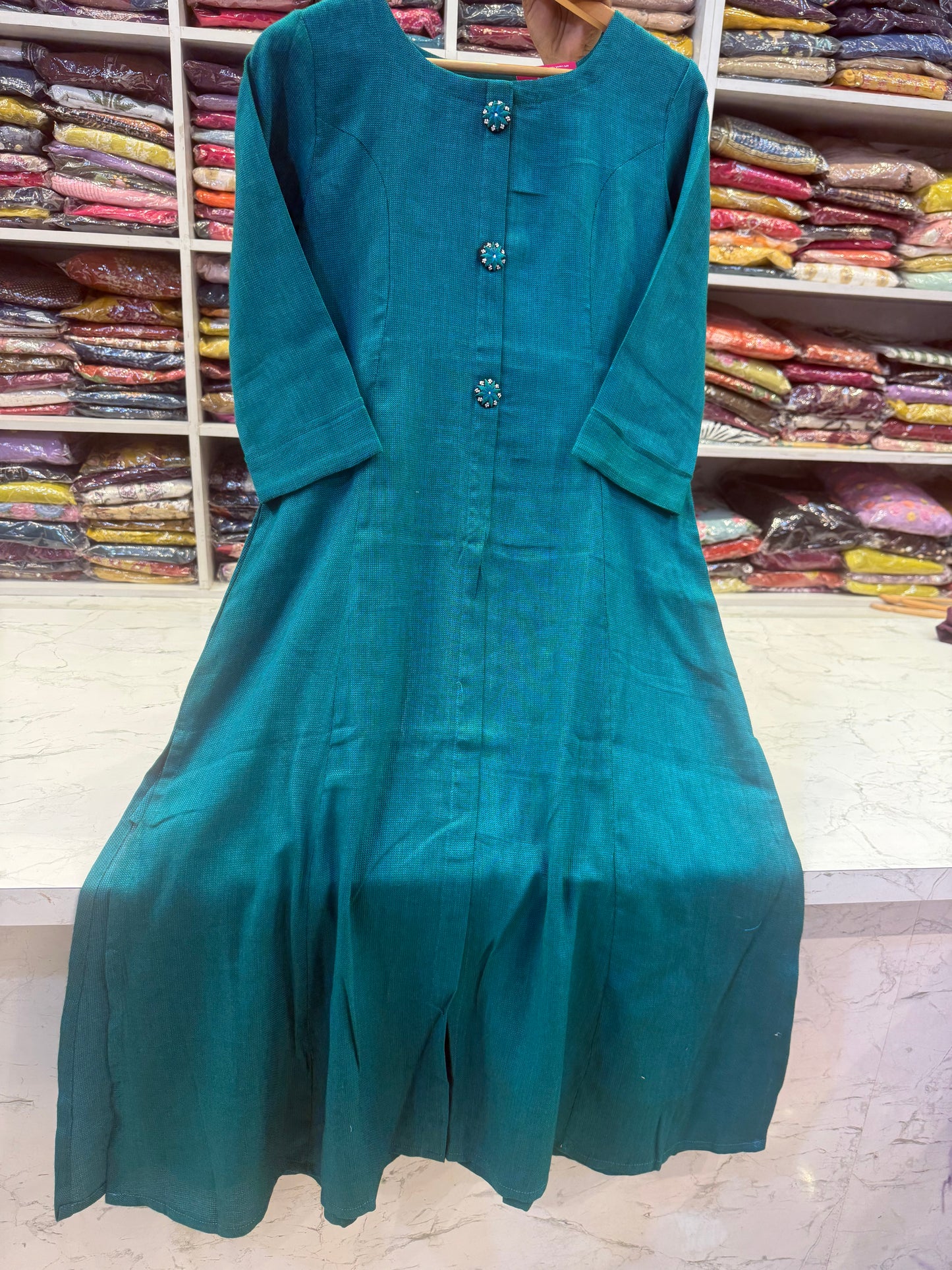 Teal Blue Linen Straight Cut Kurti
