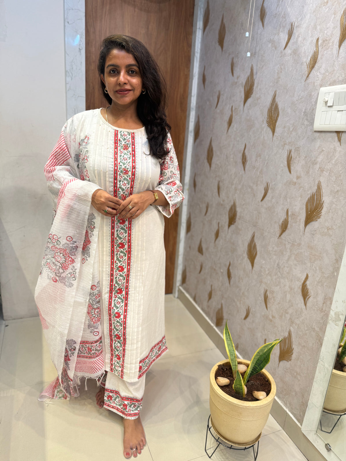 Half white Printed Pure Cotton Kurti With Pant and Dupatta -HSC1159