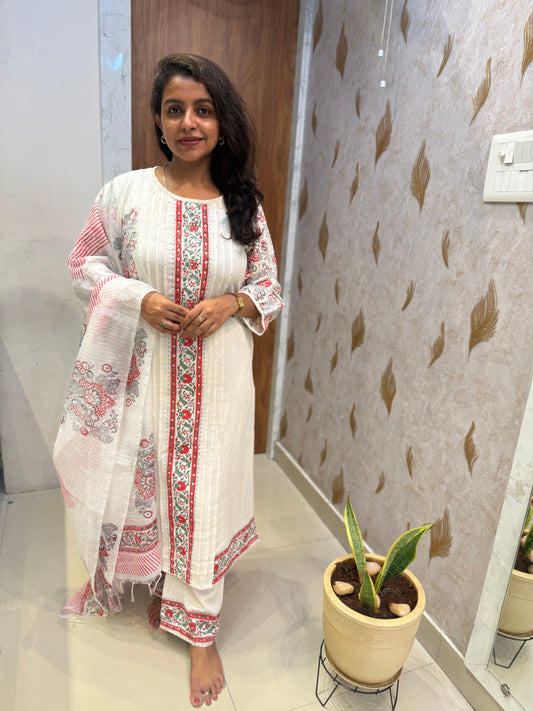 Half white Printed Pure Cotton Kurti With Pant and Dupatta -HSC1159