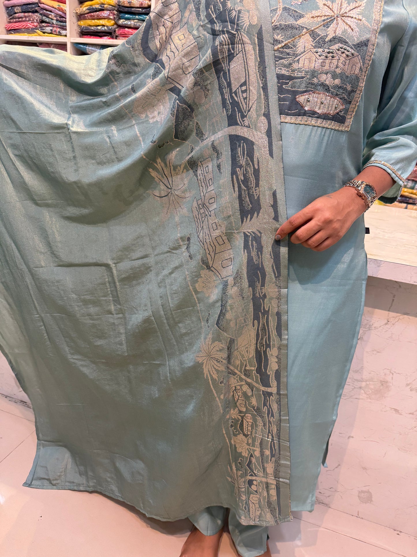 Blue Shimmer Nature Embroidery Kurti With Pant and Dupatta