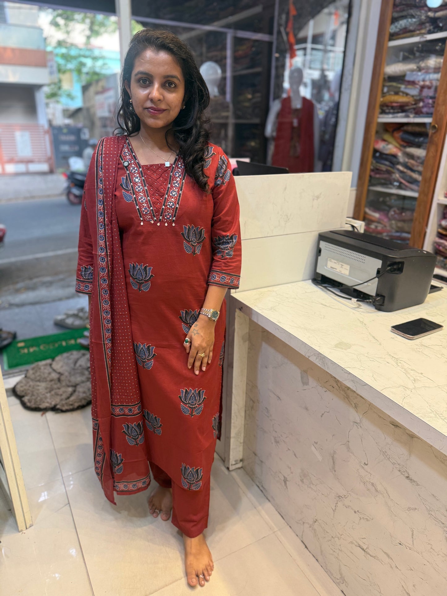 Lotus Printed Pure Cotton Kurti With Pant and Dupatta-HSC53