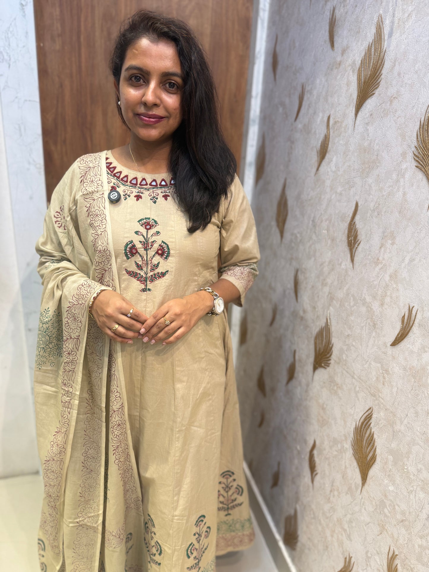 Beige Anarkali Block Printed Pure Cotton Embroidered A-line Kurti With Pant and Dupatta