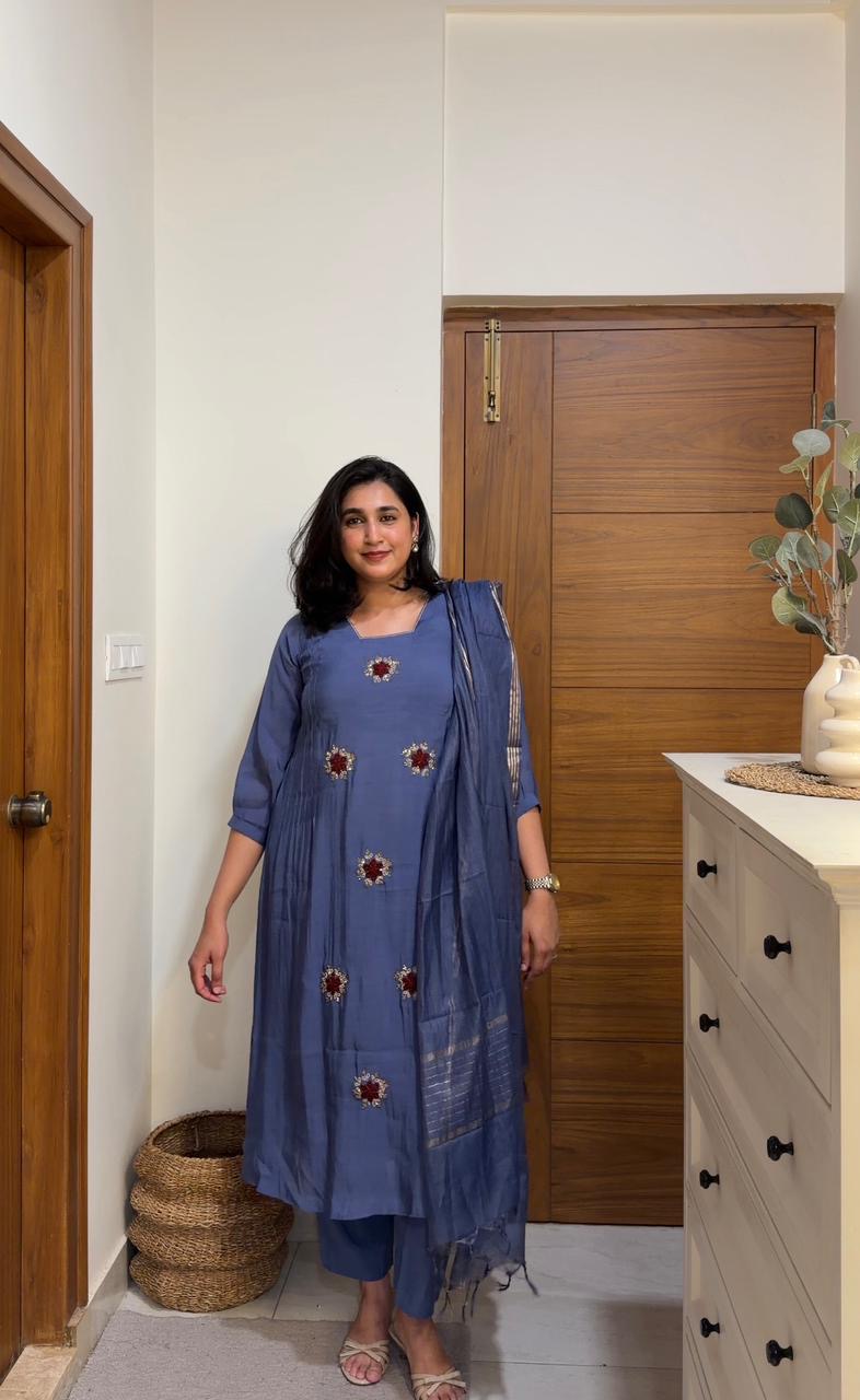 Blue Pure Mul Chanderi Hand Embroidery A-line Kurti With Pant and Dupatta -HSC1214