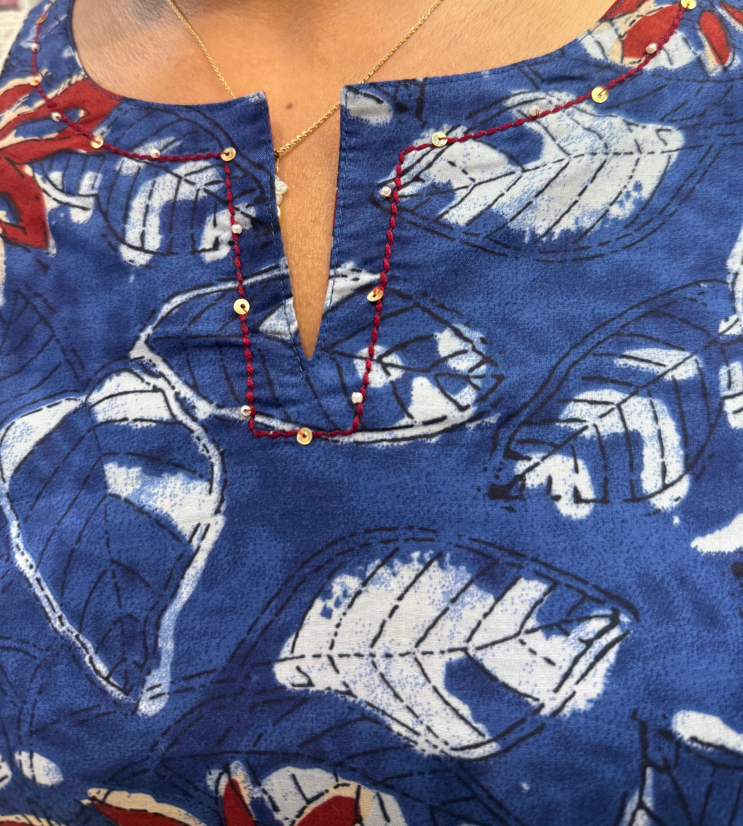 Indigo Floral Printed Hand Embroidered Kurti With Pant and Dupatta