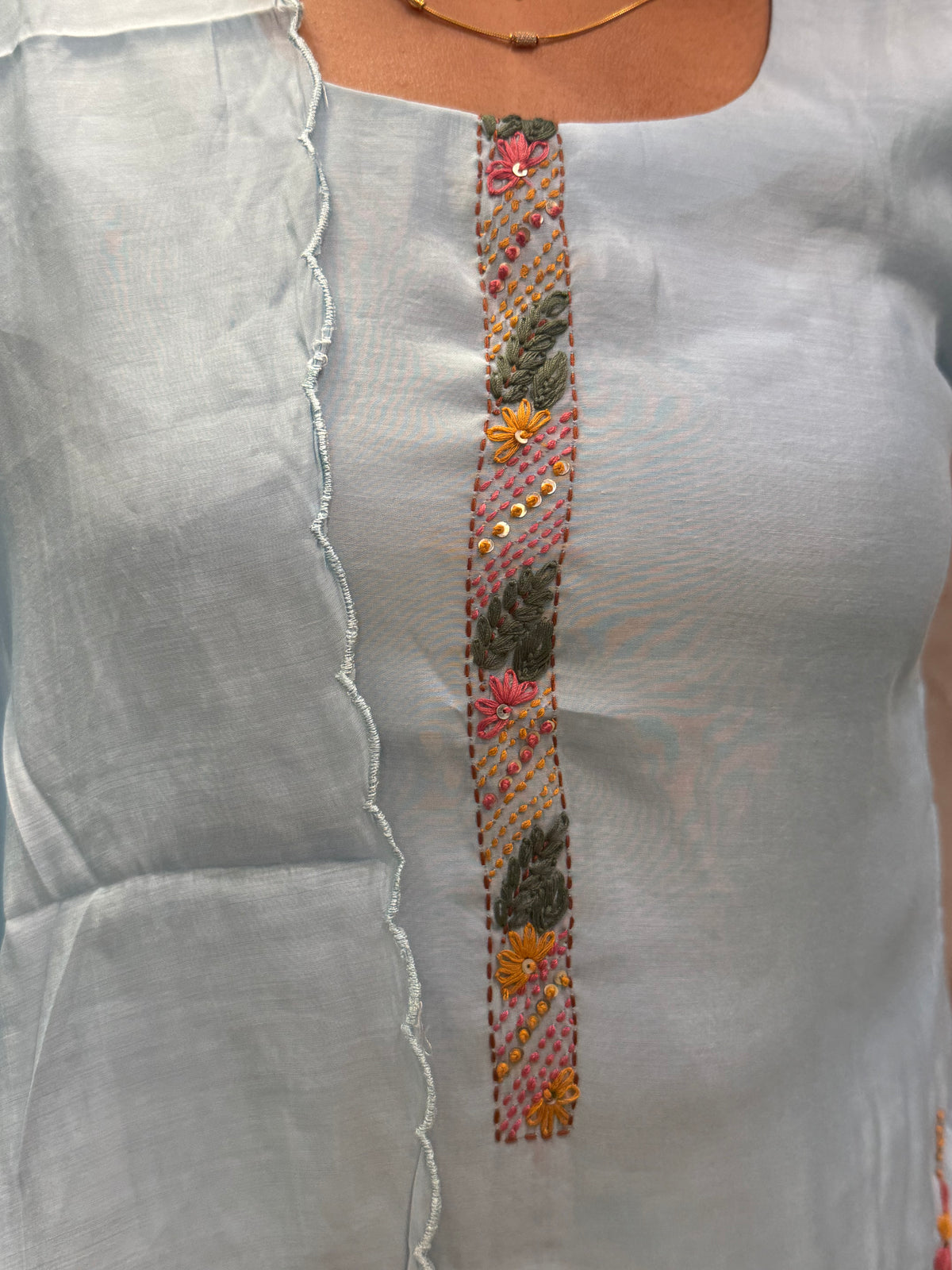 Powder Blue Pure Silk Thread Embroidery Kurti With Pant and Dupatta - HSC1180