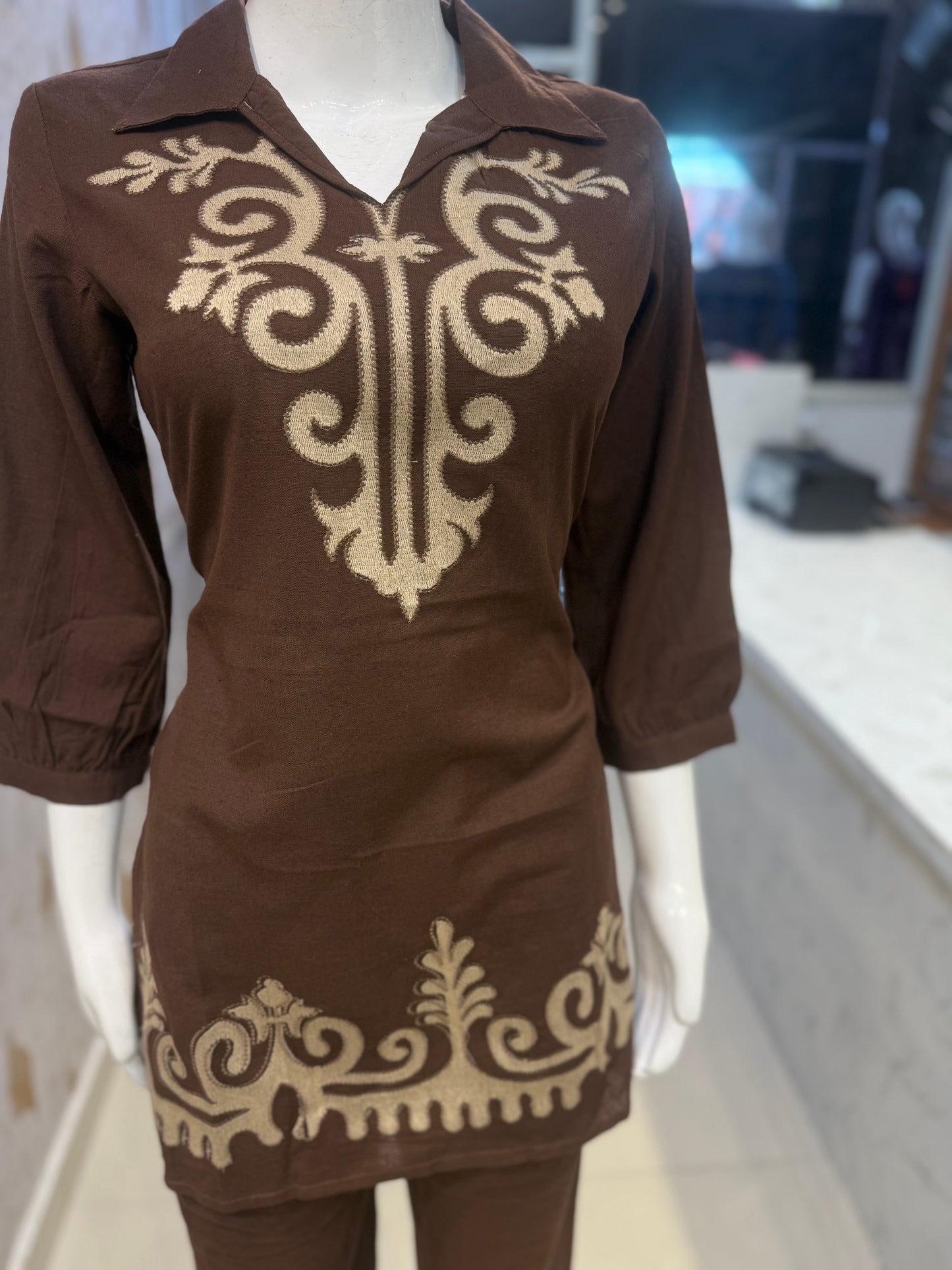 Brown Cotton Flex Embroidery Co-ords Set-HSC61