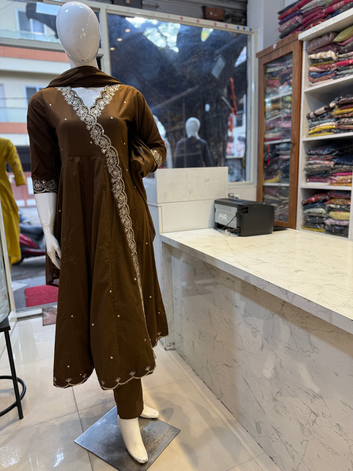 Brown Pure Cotton Embroidered Angarkha  Kurti With Pant and Dupatta - HSC1200