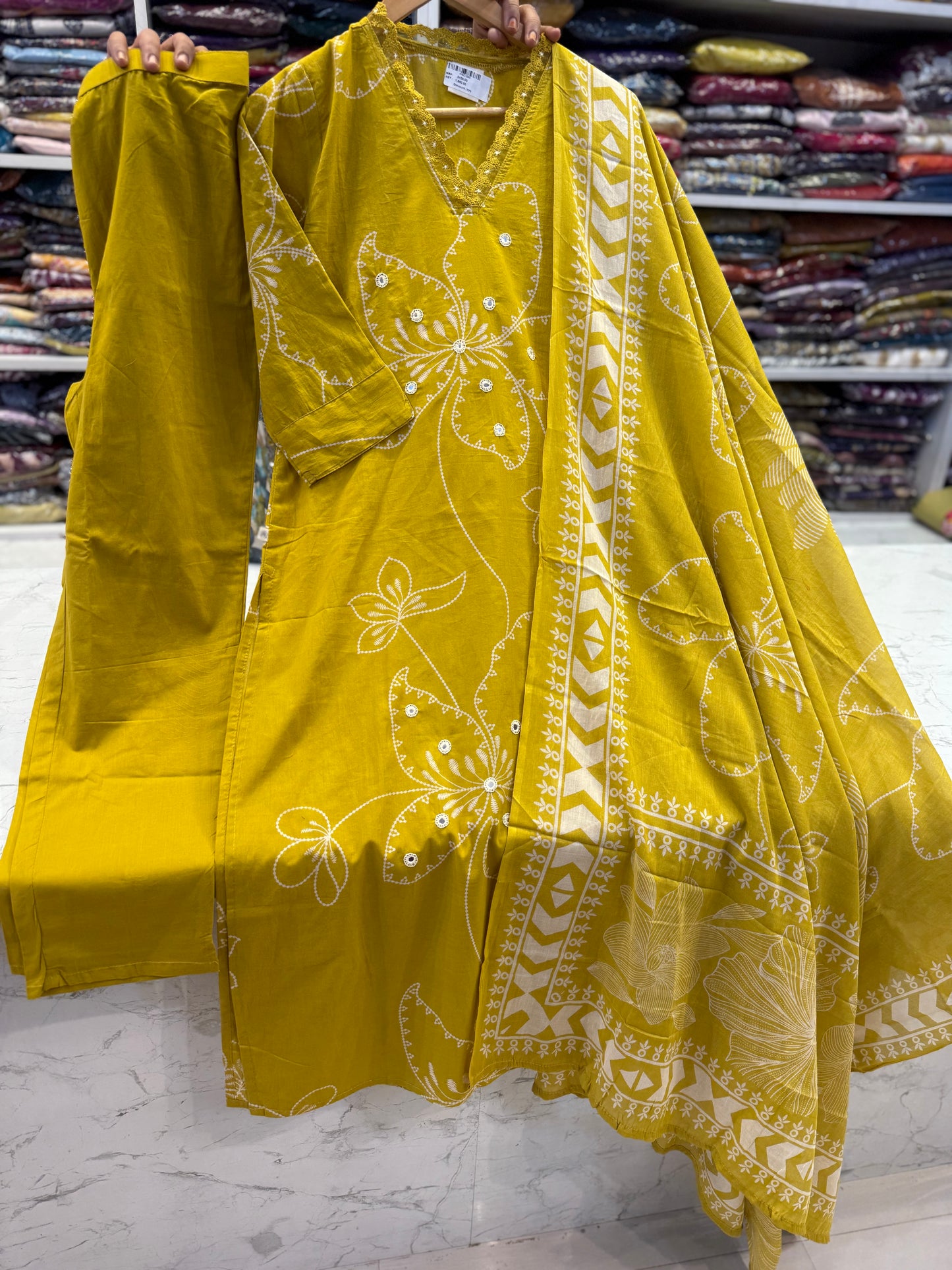 Mustard Floral Printed Pure Cotton Kurti With Pant and Dupatta-HSC122
