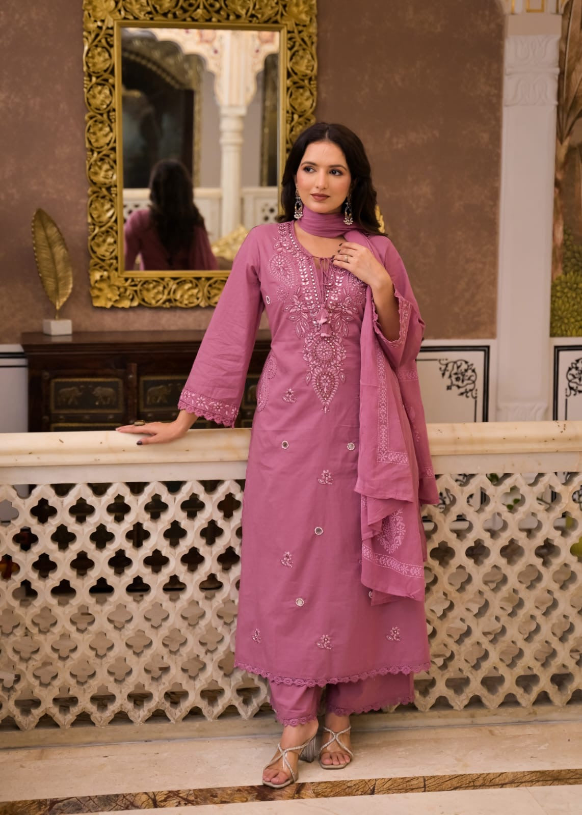 Thread Embroidery Two sides pockets Kurti With Pant and Dupatta - HSC1197