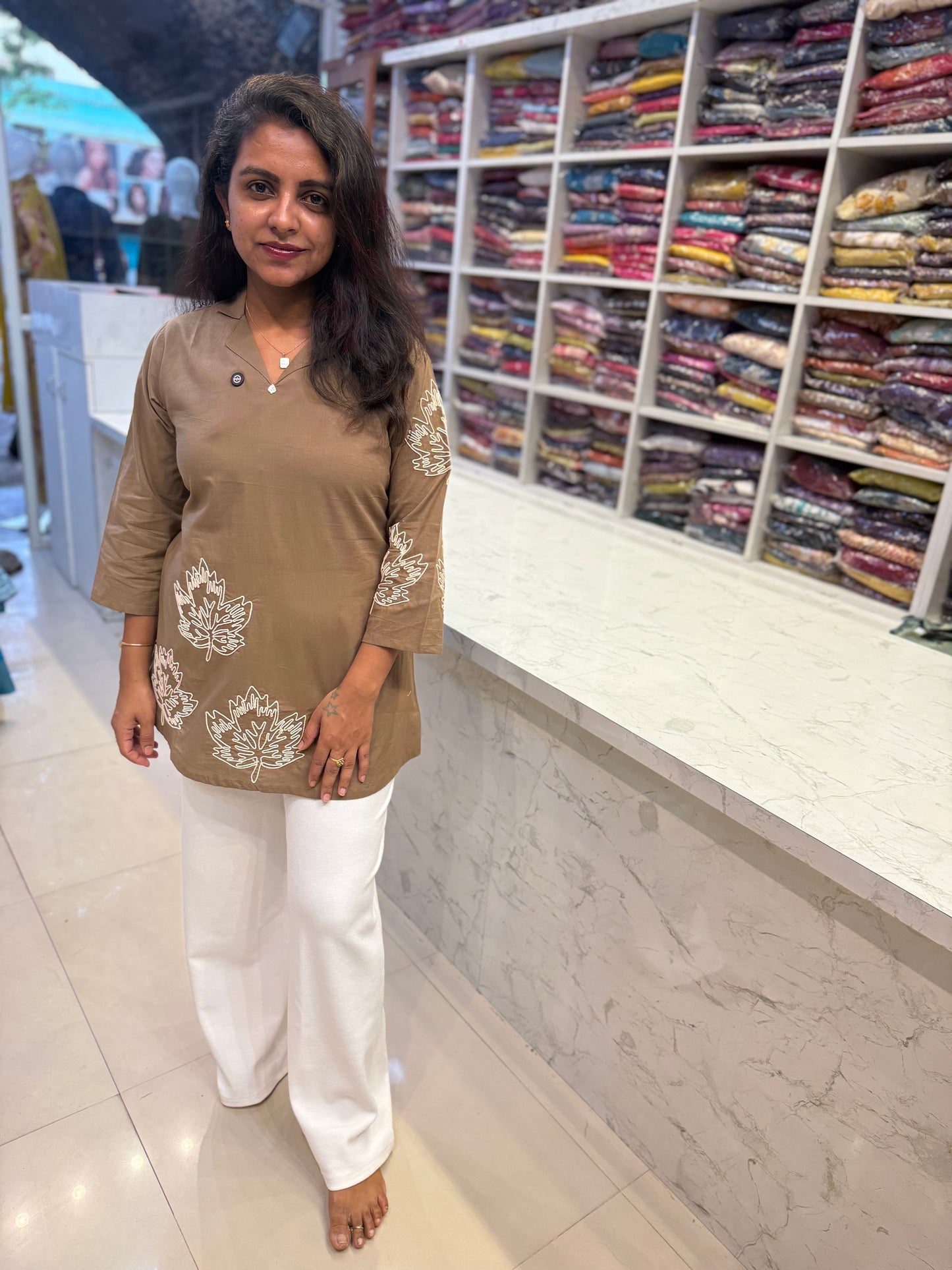 Tan Cotton Dori Embroidery Tunics Top