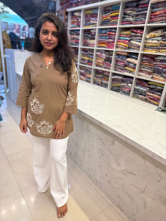 Tan Cotton Dori Embroidery Tunics Top