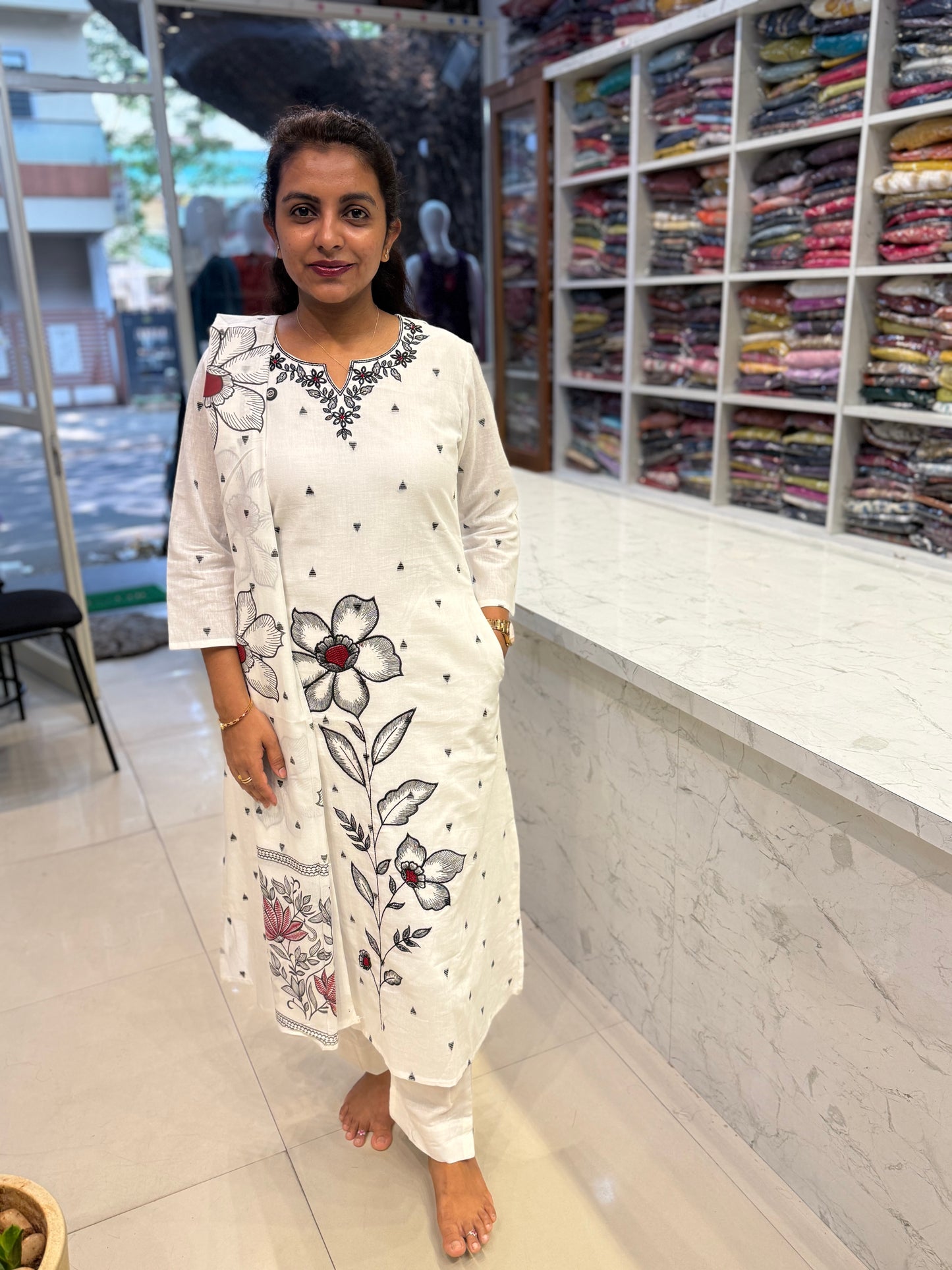 Pure White Embroidery Two Sides Pockets Kurti With Pant and Dupatta-HSC102