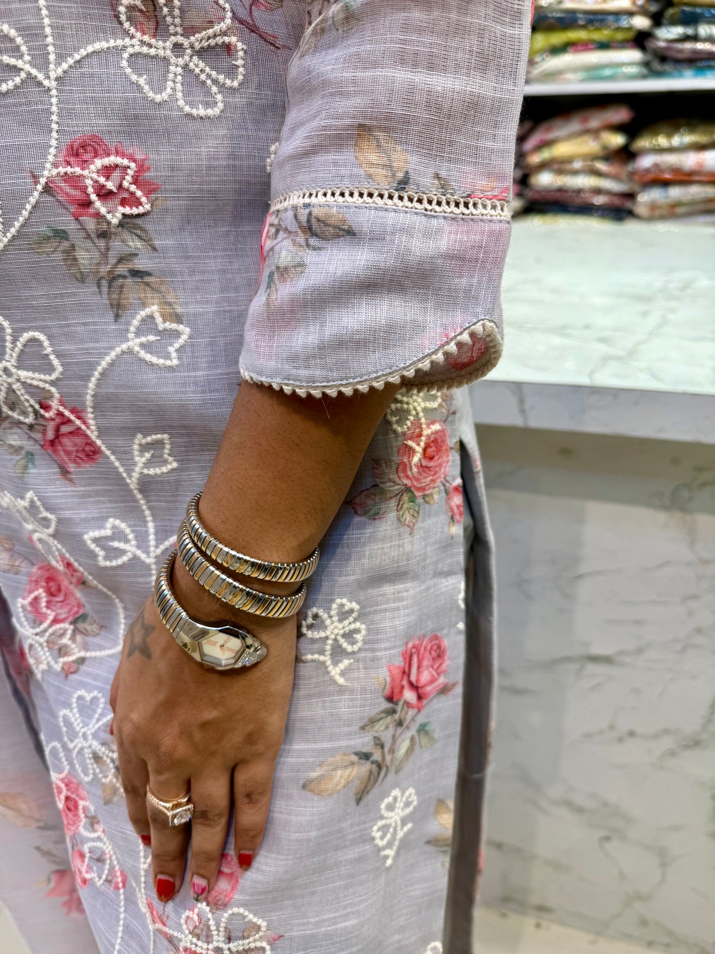 Pure Linen Katha Kurti With Pant and Dupatta