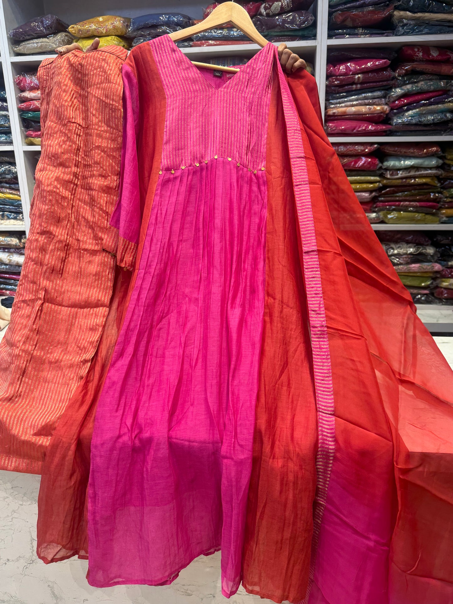 Pink With Orange  Pure Banarasi Mul Chanderi Kurti With Pant and Dupatta