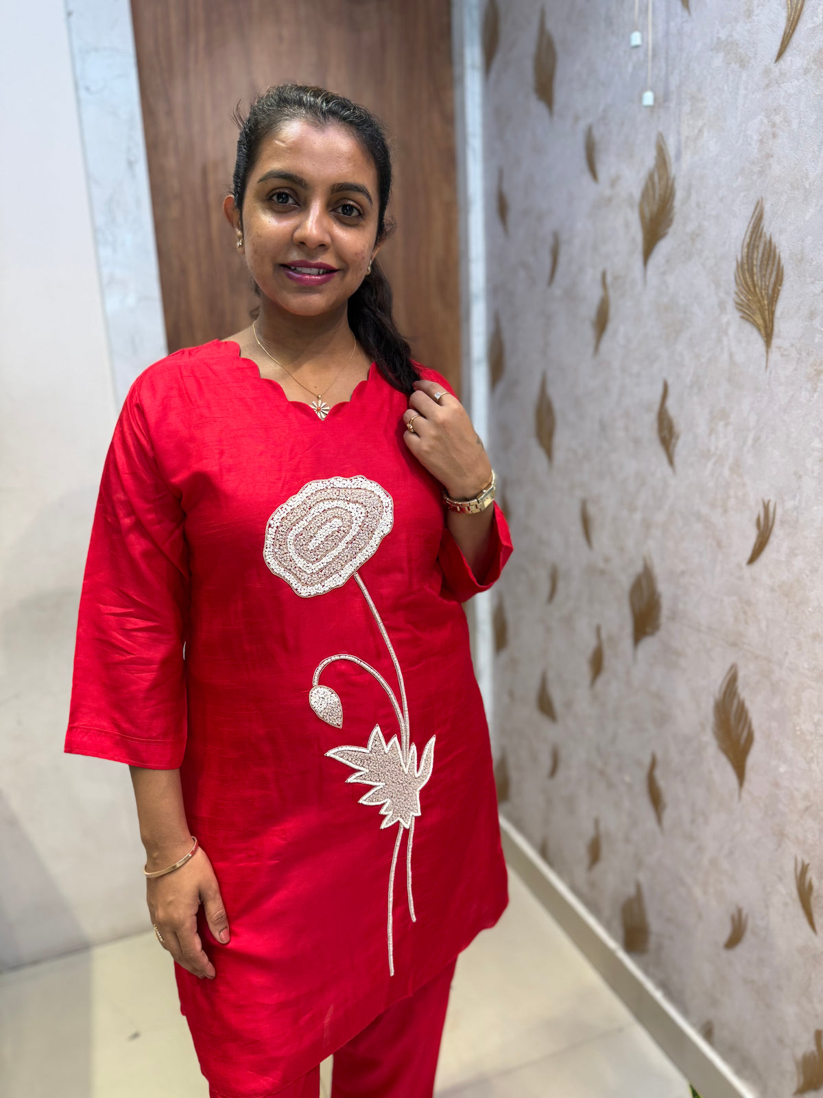 Red Co-ords Set Pure Silk Hand Embroidered Kurti With Pant - HSC1170
