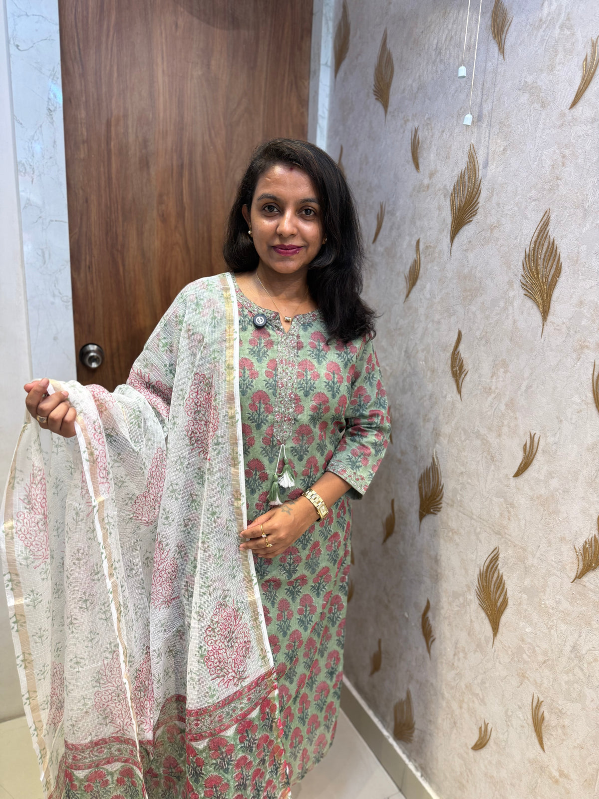 Printed Pure Cotton Kurti With Kota Doria Dupatta -HSC1322