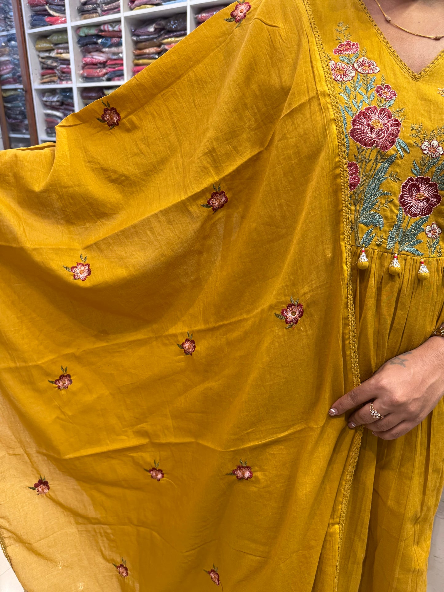 Mustard Mul Cotton Embroidered Kurti With Pant and Dupatta