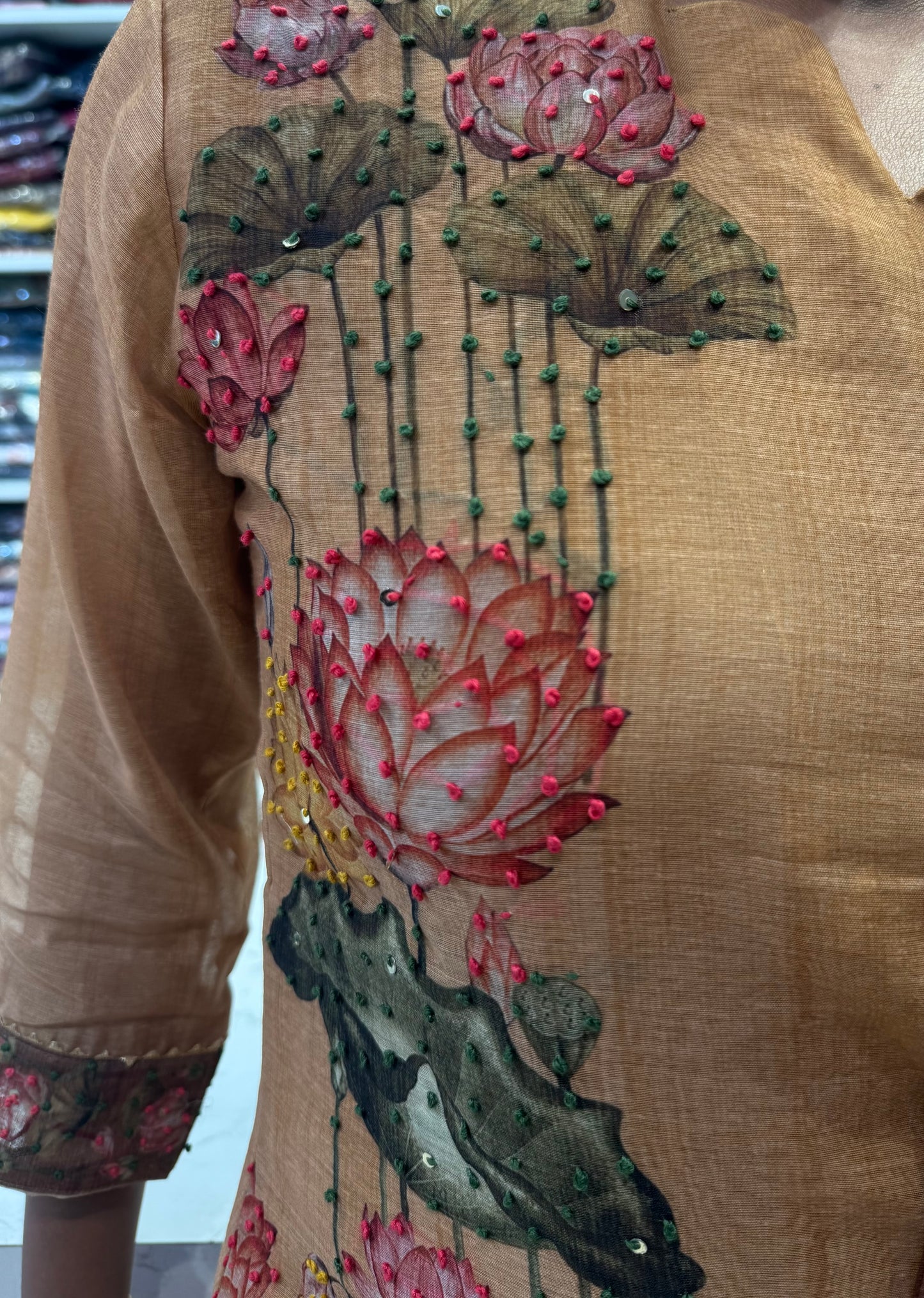 Pure Linen Lotus Knot Work Kurti With Pant and Dupatta-HSC112